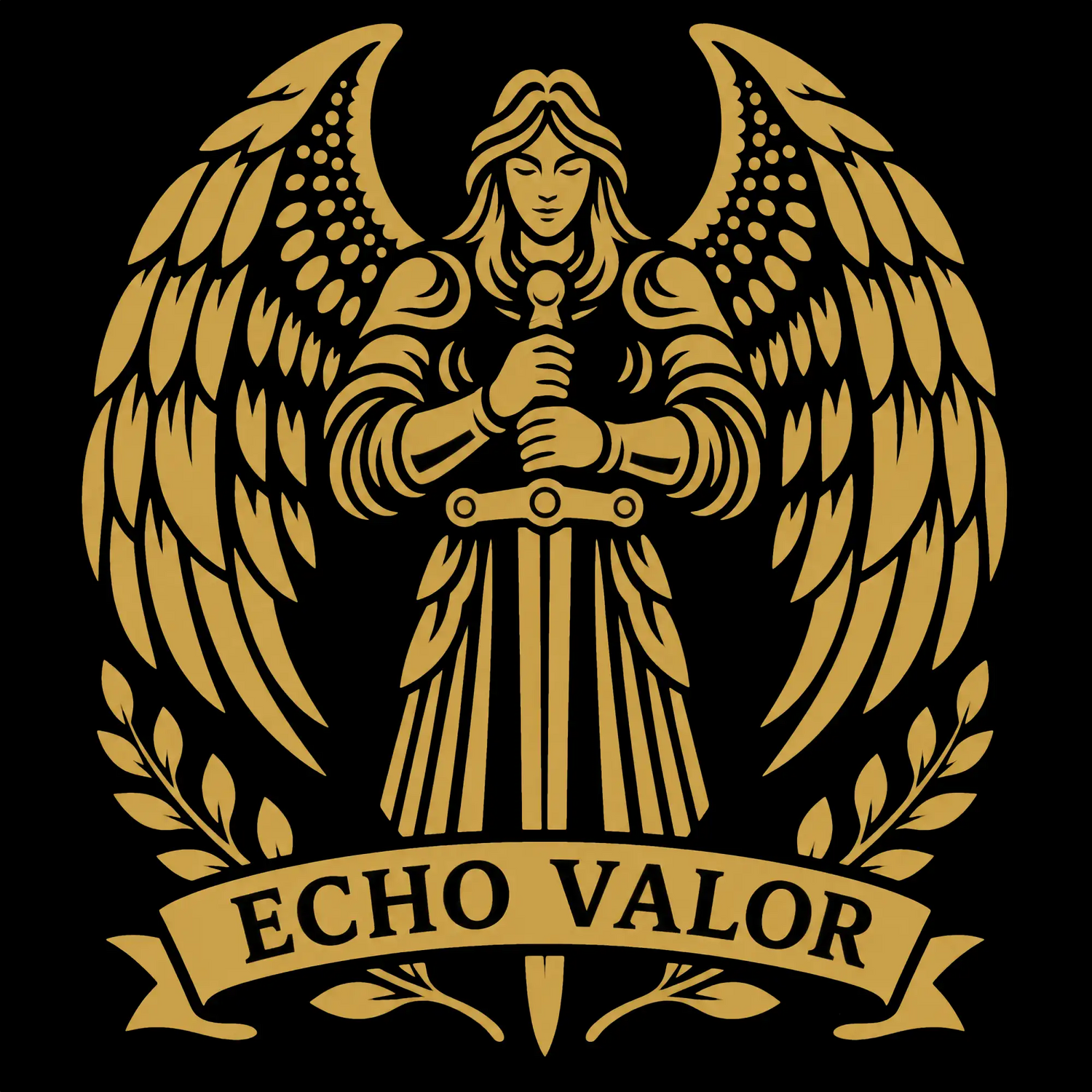 Golden angel emblem with outstretched wings and a sword, framed by laurel wreaths and the banner ’echo valor.’
